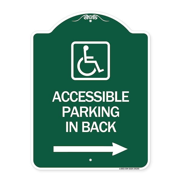 Accessible Parking on Right Arrow W/ Graphic, Green & White Aluminum Sign, 18" x 24", GW-1824-24355